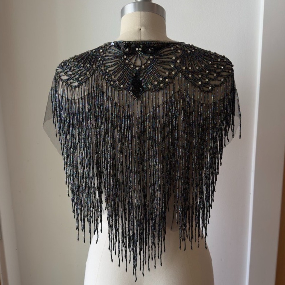 VTG Sharmark Las Vegas Beaded Sequin Fringe Shawl-Showgirl Burlesque-Chic Cape